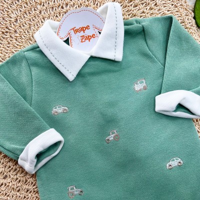  Macacão Tricotil (Tricot 100% Algodão) com Gola e Bordado - Carrinhos e Trens - Verde
